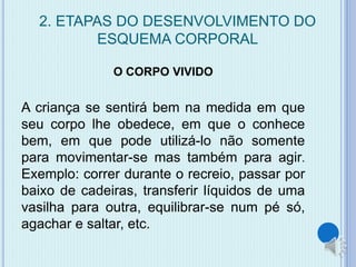 2. ETAPAS DO DESENVOLVIMENTO DO 
ESQUEMA CORPORAL 
O CORPO VIVIDO 
A criança se sentirá bem na medida em que 
seu corpo lhe obedece, em que o conhece 
bem, em que pode utilizá-lo não somente 
para movimentar-se mas também para agir. 
Exemplo: correr durante o recreio, passar por 
baixo de cadeiras, transferir líquidos de uma 
vasilha para outra, equilibrar-se num pé só, 
agachar e saltar, etc. 
 