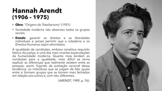 Hannah Arendt
(1906 – 1975)
• Obra: “Origens do Totalitarismo” (1951)
• Sociedade moderna não absorveu todos os grupos
sociais.
• Estado: garantir os direitos e as liberdades
individuais e jamais permitir que a cidadania e os
Direitos Humanos sejam afrontados.
A igualdade de condições, embora constitua requisito
básico da justiça, é uma das mais incertas especulações
da humanidade moderna. Quanto mais tendem as
condições para a igualdade, mais difícil se torna
explicar as diferenças que realmente existem entre as
pessoas; assim, fugindo da aceitação racional dessa
tendência, os indivíduos que se julgam de fato iguais
entre si formam grupos que se tornam mais fechados
em relação aos outros e, com isto, diferentes.
(ARENDT, 1989, p. 76).
 