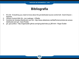 Bibliografia
1. Pro Git : Everything you need to know about the git distributed source control toll - Scott Chacon -
Appress
2. Version Control With Git - Jon Loelinger - O'Reilly
3. Controlo de Versões Distribuído com Git - http://www.slideshare.net/NetPonto/controlo-de-versao-
distribuido-com-git - Caio Proiete
4. git guia prático - http://rogerdudler.github.com/git-guide/index.pt_BR.html - Roger Dudler
 