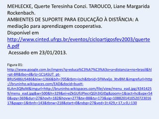 MEHLECKE, Querte Teresinha Conzi. TAROUCO, Liane Margarida
Rockenbach.
AMBIENTES DE SUPORTE PARA EDUCAÇÃO À DISTÂNCIA: A
mediação para aprendizagem cooperativa.
Disponível em
http://www.cinted.ufrgs.br/eventos/cicloartigosfev2003/querte
A.pdf
Acessado em 23/01/2013.

Figura 01:
http://www.google.com.br/imgres?q=educa%C3%A7%C3%A3o+a+distancia+no+brasil&hl
=pt-BR&tbo=d&rlz=1C1ASUT_pt-
BRUS486US486&biw=1366&bih=705&tbm=isch&tbnid=5FMvxljo_XtvBM:&imgrefurl=http
://bruninho.wikispaces.com/EAD&docid=buxH-
KLAm3QRoM&imgurl=http://bruninho.wikispaces.com/file/view/menu_ead.jpg/4341425
9/menu_ead.jpg&w=500&h=329&ei=eZkGUfiJPIecrQGh3IGIDg&zoom=1&iact=hc&vpx=54
0&vpy=369&dur=27&hovh=182&hovw=277&tx=88&ty=173&sig=1088201410520723016
17&page=1&tbnh=143&tbnw=218&start=0&ndsp=27&ved=1t:429,r:17,s:0,i:130
 