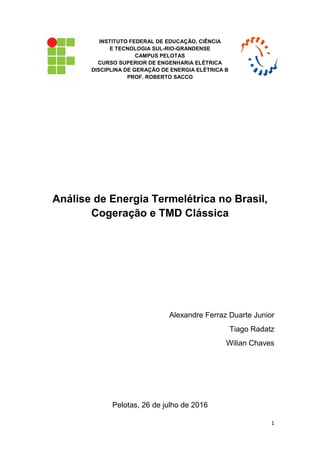 1
INSTITUTO FEDERAL DE EDUCAÇÃO, CIÊNCIA
E TECNOLOGIA SUL-RIO-GRANDENSE
CAMPUS PELOTAS
CURSO SUPERIOR DE ENGENHARIA ELÉTRICA
DISCIPLINA DE GERAÇÃO DE ENERGIA ELÉTRICA B
PROF. ROBERTO SACCO
Análise de Energia Termelétrica no Brasil,
Cogeração e TMD Clássica
Alexandre Ferraz Duarte Junior
Tiago Radatz
Wilian Chaves
Pelotas, 26 de julho de 2016
 