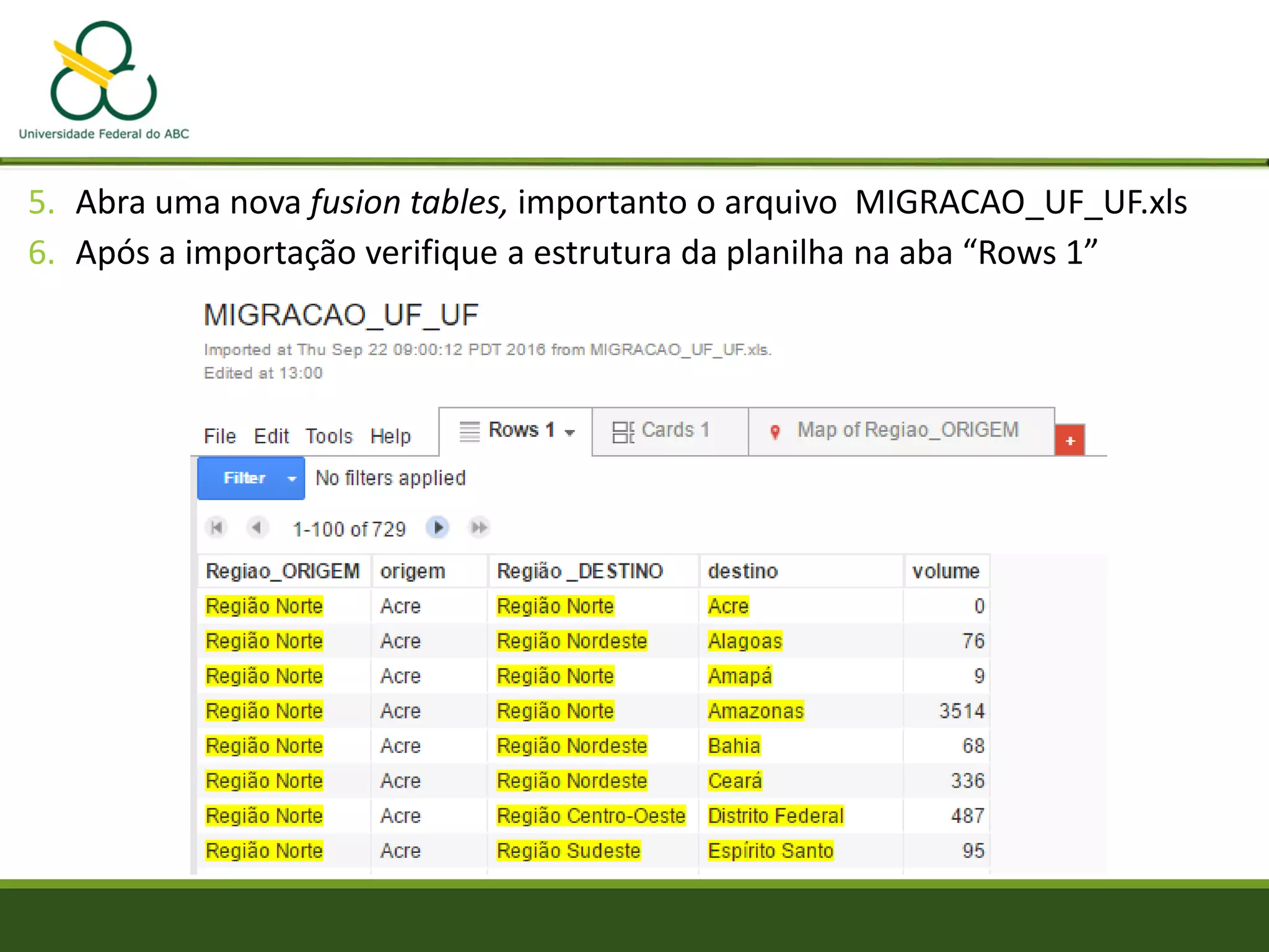 5. Abra uma nova fusion tables, importanto o arquivo MIGRACAO_UF_UF.xls
6. Após a importação verifique a estrutura da planilha na aba “Rows 1”
 