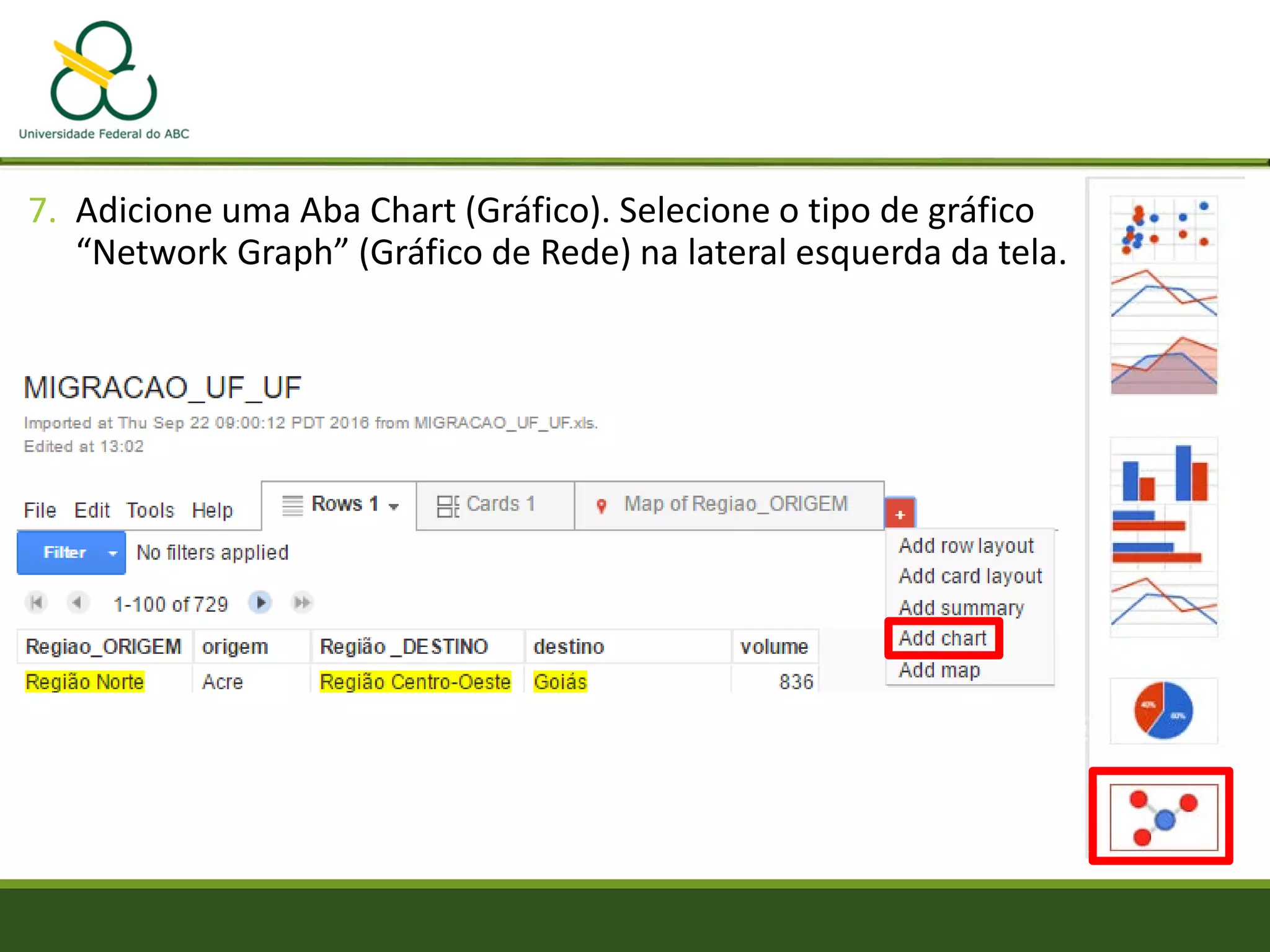 7. Adicione uma Aba Chart (Gráfico). Selecione o tipo de gráfico
“Network Graph” (Gráfico de Rede) na lateral esquerda da tela.
 
