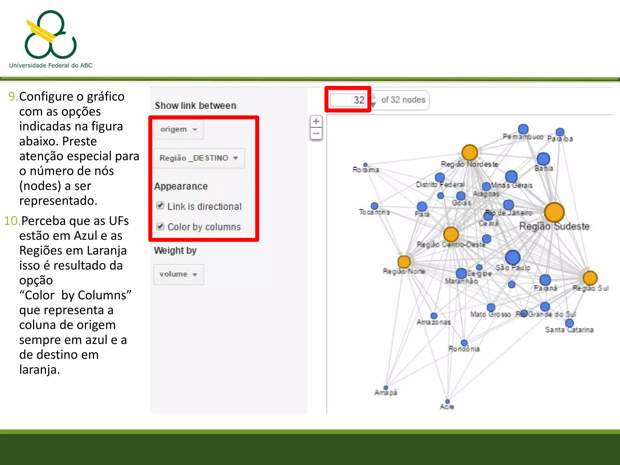 9.Configure o gráfico
com as opções
indicadas na figura
abaixo. Preste
atenção especial para
o número de nós
(nodes) a ser
representado.
10.Perceba que as UFs
estão em Azul e as
Regiões em Laranja
isso é resultado da
opção
“Color by Columns”
que representa a
coluna de origem
sempre em azul e a
de destino em
laranja.
 