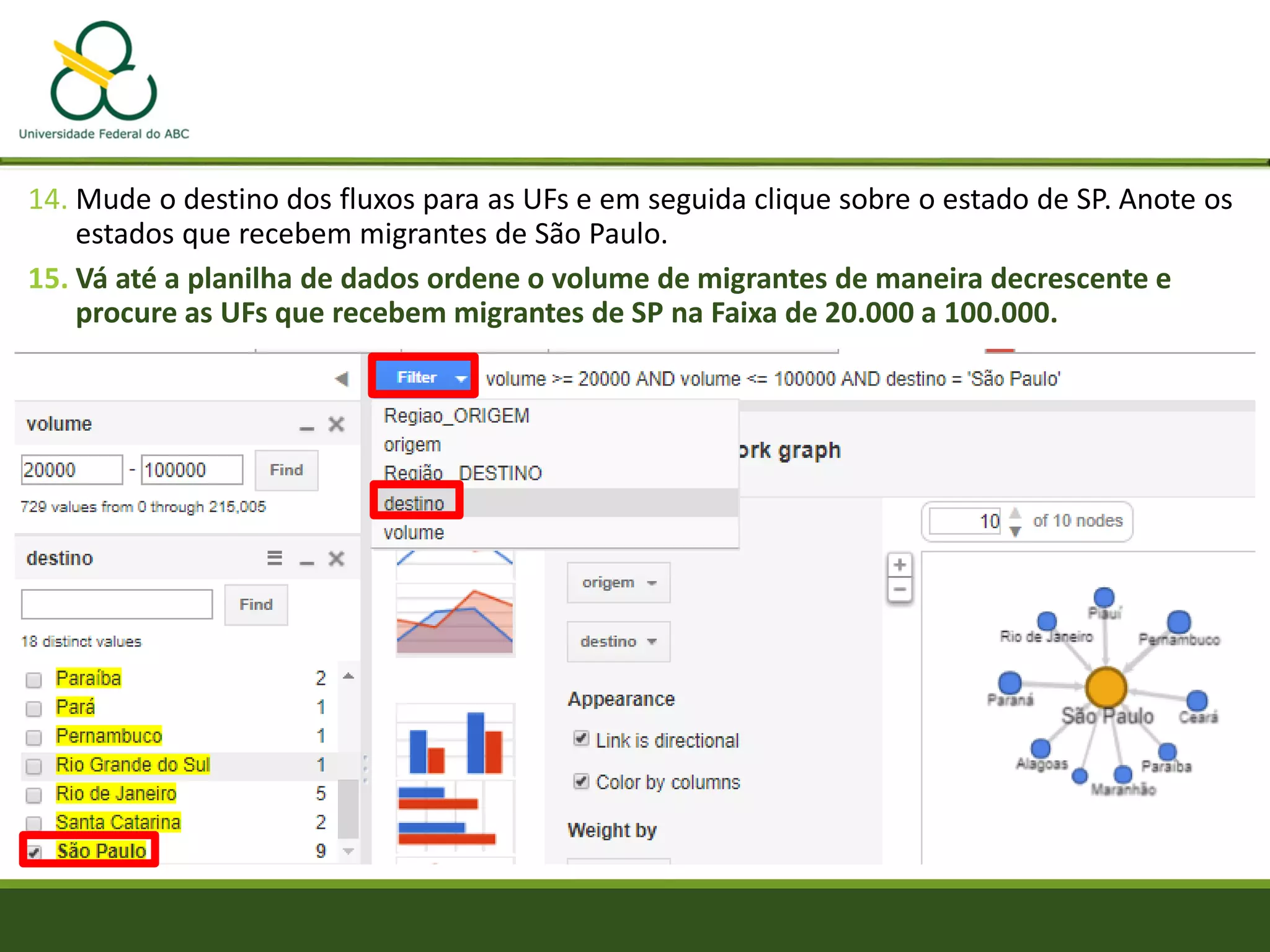 14. Mude o destino dos fluxos para as UFs e em seguida clique sobre o estado de SP. Anote os
estados que recebem migrantes de São Paulo.
15. Vá até a planilha de dados ordene o volume de migrantes de maneira decrescente e
procure as UFs que recebem migrantes de SP na Faixa de 20.000 a 100.000.
 