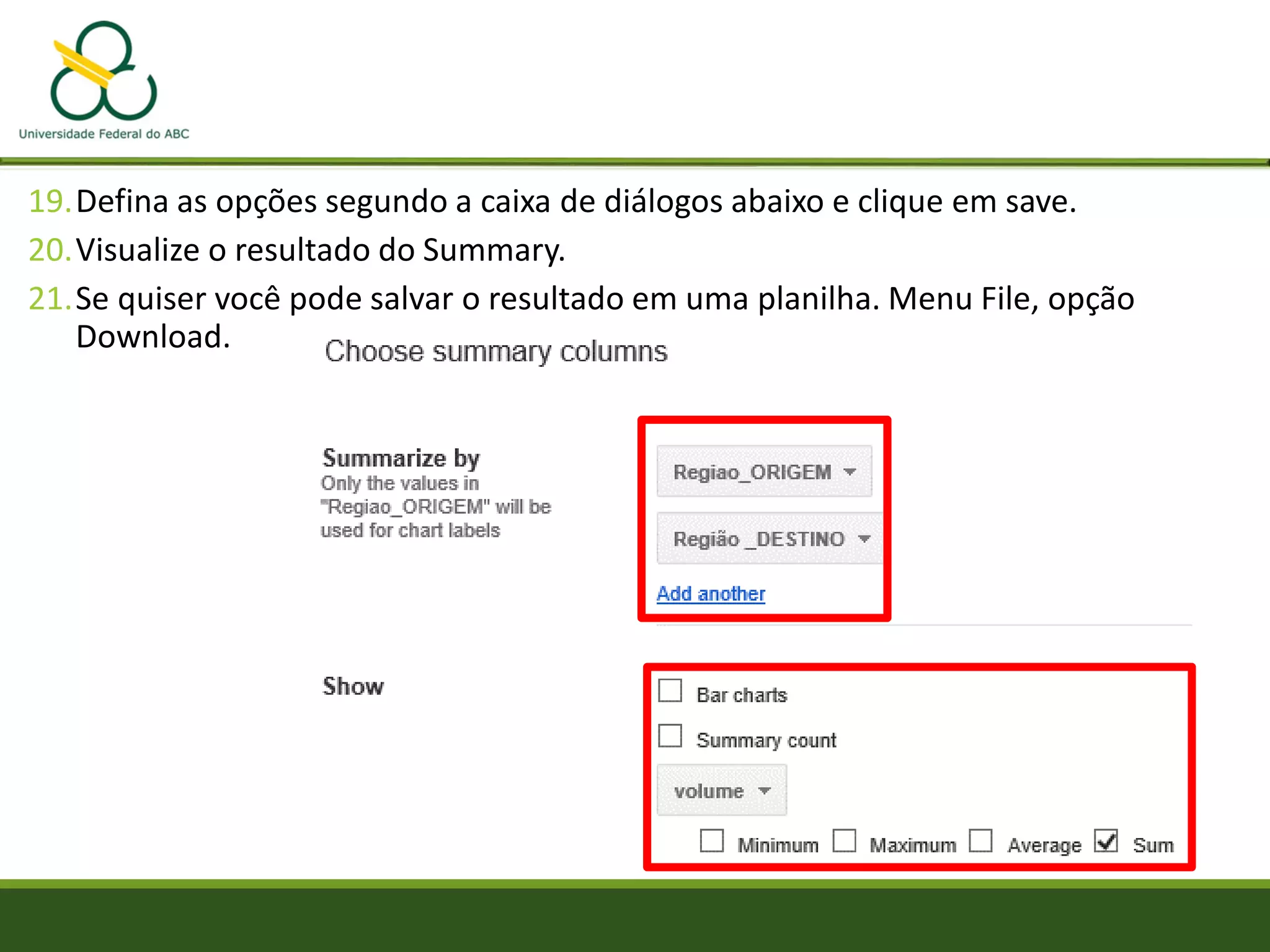 19.Defina as opções segundo a caixa de diálogos abaixo e clique em save.
20.Visualize o resultado do Summary.
21.Se quiser você pode salvar o resultado em uma planilha. Menu File, opção
Download.
 