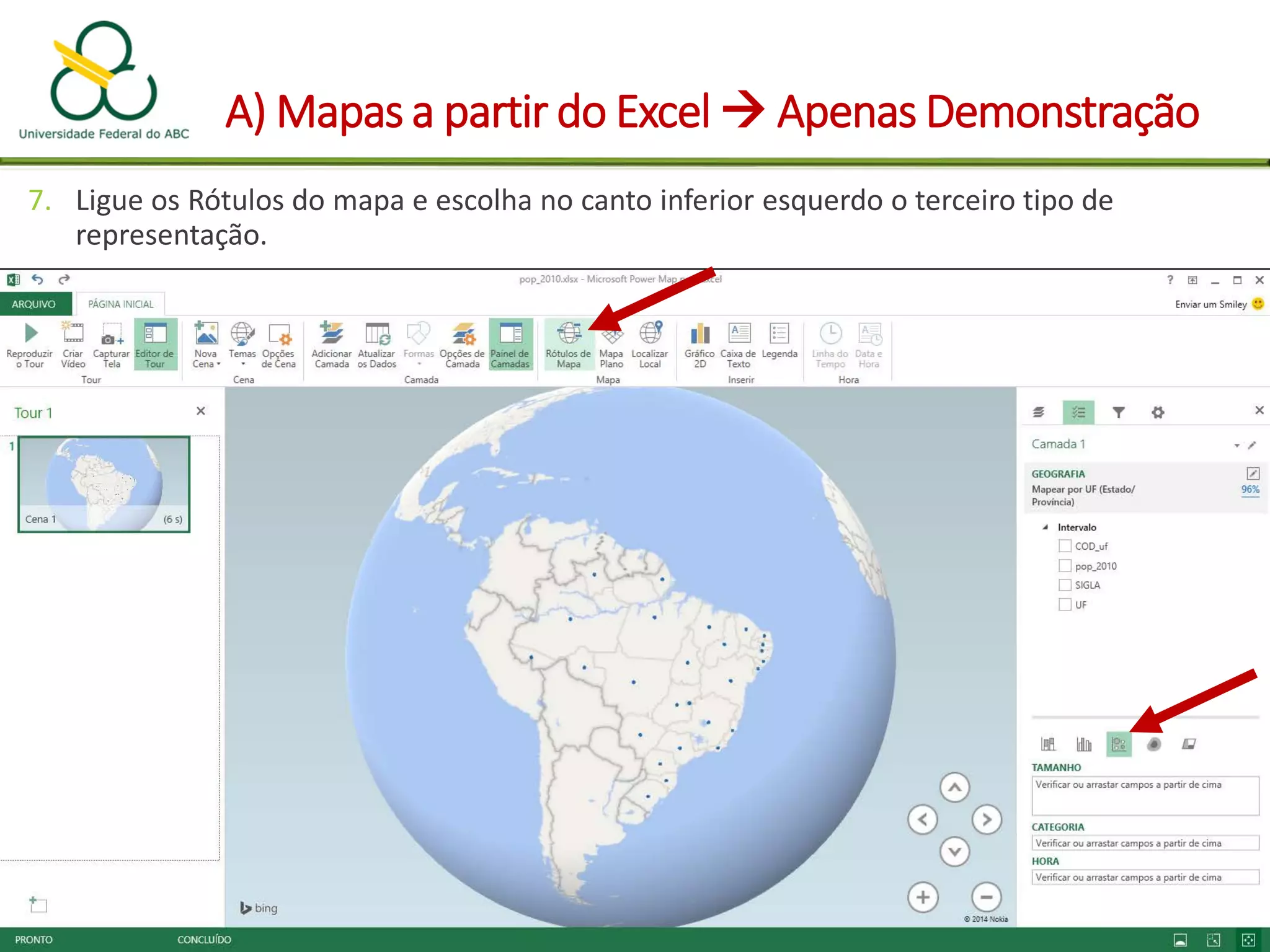 A) Mapas a partir do Excel  Apenas Demonstração
7. Ligue os Rótulos do mapa e escolha no canto inferior esquerdo o terceiro tipo de
representação.
 