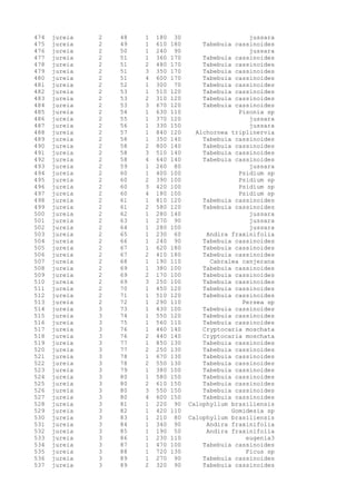 474 jureia 2 48 1 180 30 jussara
475 jureia 2 49 1 610 180 Tabebuia cassinoides
476 jureia 2 50 1 240 90 jussara
477 jureia 2 51 1 360 170 Tabebuia cassinoides
478 jureia 2 51 2 480 170 Tabebuia cassinoides
479 jureia 2 51 3 350 170 Tabebuia cassinoides
480 jureia 2 51 4 600 170 Tabebuia cassinoides
481 jureia 2 52 1 300 70 Tabebuia cassinoides
482 jureia 2 53 1 510 120 Tabebuia cassinoides
483 jureia 2 53 2 310 120 Tabebuia cassinoides
484 jureia 2 53 3 670 120 Tabebuia cassinoides
485 jureia 2 54 1 630 110 Pisonia sp
486 jureia 2 55 1 370 120 jussara
487 jureia 2 56 1 330 150 jussara
488 jureia 2 57 1 840 120 Alchornea triplinervia
489 jureia 2 58 1 350 140 Tabebuia cassinoides
490 jureia 2 58 2 800 140 Tabebuia cassinoides
491 jureia 2 58 3 510 140 Tabebuia cassinoides
492 jureia 2 58 4 640 140 Tabebuia cassinoides
493 jureia 2 59 1 260 80 jussara
494 jureia 2 60 1 400 100 Psidium sp
495 jureia 2 60 2 390 100 Psidium sp
496 jureia 2 60 3 420 100 Psidium sp
497 jureia 2 60 4 180 100 Psidium sp
498 jureia 2 61 1 810 120 Tabebuia cassinoides
499 jureia 2 61 2 580 120 Tabebuia cassinoides
500 jureia 2 62 1 280 140 jussara
501 jureia 2 63 1 270 90 jussara
502 jureia 2 64 1 280 100 jussara
503 jureia 2 65 1 230 60 Andira fraxinifolia
504 jureia 2 66 1 240 90 Tabebuia cassinoides
505 jureia 2 67 1 620 180 Tabebuia cassinoides
506 jureia 2 67 2 410 180 Tabebuia cassinoides
507 jureia 2 68 1 190 110 Cabralea canjerana
508 jureia 2 69 1 380 100 Tabebuia cassinoides
509 jureia 2 69 2 170 100 Tabebuia cassinoides
510 jureia 2 69 3 250 100 Tabebuia cassinoides
511 jureia 2 70 1 450 120 Tabebuia cassinoides
512 jureia 2 71 1 510 120 Tabebuia cassinoides
513 jureia 2 72 1 290 110 Persea sp
514 jureia 3 73 1 430 100 Tabebuia cassinoides
515 jureia 3 74 1 550 120 Tabebuia cassinoides
516 jureia 3 75 1 560 110 Tabebuia cassinoides
517 jureia 3 76 1 460 140 Cryptocaria moschata
518 jureia 3 76 2 440 140 Cryptocaria moschata
519 jureia 3 77 1 850 130 Tabebuia cassinoides
520 jureia 3 77 2 250 130 Tabebuia cassinoides
521 jureia 3 78 1 670 130 Tabebuia cassinoides
522 jureia 3 78 2 550 130 Tabebuia cassinoides
523 jureia 3 79 1 380 100 Tabebuia cassinoides
524 jureia 3 80 1 580 150 Tabebuia cassinoides
525 jureia 3 80 2 610 150 Tabebuia cassinoides
526 jureia 3 80 3 550 150 Tabebuia cassinoides
527 jureia 3 80 4 600 150 Tabebuia cassinoides
528 jureia 3 81 1 220 90 Calophyllum brasiliensis
529 jureia 3 82 1 420 110 Gomidesia sp
530 jureia 3 83 1 210 80 Calophyllum brasiliensis
531 jureia 3 84 1 340 90 Andira fraxinifolia
532 jureia 3 85 1 190 50 Andira fraxinifolia
533 jureia 3 86 1 230 110 eugenia3
534 jureia 3 87 1 470 100 Tabebuia cassinoides
535 jureia 3 88 1 720 130 Ficus sp
536 jureia 3 89 1 270 90 Tabebuia cassinoides
537 jureia 3 89 2 320 90 Tabebuia cassinoides
 