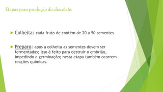  Colheita: cada fruto de contém de 20 a 50 sementes
 Preparo: após a colheita as sementes devem ser
fermentadas; isso é feito para destruir o embrião,
impedindo a germinação; nesta etapa também ocorrem
reações químicas.
Etapas para produção do chocolate:
 