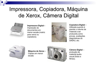 Impressora, Copiadora, Máquina
   de Xerox, Câmera Digital
      Impressora Digital -   Copiadora Digital –
      Impressão de           Utilizada quando é
      documentos em          grande o volume de
      menor escala (matriz   material a ser
      para xerox ou          produzido,como
      copiadora).            provas, avaliações
                             diagnósticas do
                             SAERJ, etc.



                             Câmera Digital –
       Máquina de Xerox –
                             produção de
       Cópias em menor       material áudio-
       escala.               visual (fotos e
                             filmes).
 