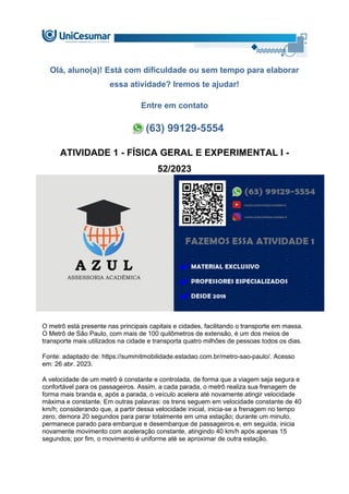 ATIVIDADE 1 - FÍSICA GERAL E EXPERIMENTAL I - 52/2023
