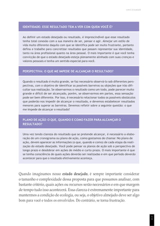 UNICESUMAR
5
9
IDENTIDADE: ESSE RESULTADO TEM A VER COM QUEM VOCÊ É?
Ao definir um estado desejado ou resultado, é imprescindível que esse resultado
tenha total conexão com a sua maneira de ser, pensar e agir. Almejar um estilo de
vida muito diferente daquilo com que se identifica pode ser muito frustrante, portanto
defina e trabalhe para concretizar resultados que possam representar sua identidade,
tanto na área profissional quanto na área pessoal. O mais importante é que você tenha
convicção de que o estado desejado esteja plenamente alinhado com suas crenças e
valores pessoais e tenha um sentido especial para você.
PERSPECTIVA: O QUE ME IMPEDE DE ALCANÇAR O RESULTADO?
Quando o resultado é muito grande, se faz necessário observá-lo sob diferentes pers-
pectivas, com o objetivo de identificar as possíveis barreiras ou objeções que irão difi-
cultar sua realização. Se observarmos o resultado como um todo, pode parecer muito
grande e difícil de ser alcançado, porém, se observarmos em partes, essa sensação
pode ser bem diferente. Por isso, é necessário relacionar todos os possíveis obstáculos
que poderão nos impedir de alcançar o resultado, e devemos estabelecer resultados
menores para superar as barreiras. Devemos refletir sobre a seguinte questão: o que
me impede de alcançar o resultado?
PLANO DE AÇÃO: O QUE, QUANDO E COMO FAZER PARA ALCANÇAR O
RESULTADO?
Uma vez tendo clareza do resultado que se pretende alcançar, é necessário a elabo-
ração de um cronograma ou plano de ação, como gostamos de chamar. No plano de
ação, devem aparecer as informações (o que, quando e como) de cada etapa da reali-
zação do estado desejado. Você pode pensar os planos de ação sob a perspectiva de
longo prazo e desdobrar em ações de médio e curto prazo. O mais importante é que
se tenha consciência de quais ações deverão ser realizadas e em que período deverão
acontecer para que o resultado efetivamente aconteça.
Quando imaginamos nosso estado desejado, é sempre importante considerar
o tamanho e complexidade dessa proposta para que possamos analisar, com
bastante critério, quais ações ou recursos serão necessários e em que margem
de tempo tudo isso acontecerá. Essa clareza é extremamente importante para
mantermos a condição de ecologia, ou seja, o objetivo almejado deve ser algo
bom para você e todos os envolvidos. Do contrário, se torna frustração.
 