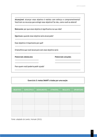 UNICESUMAR
8
9
Alcançável: alcançar esse objetivo é realista com esforço e comprometimento?
Você tem os recursos para atingir esse objetivo? Se não, como você os obterá?
Relevante: por que esse objetivo é significativo na sua vida?
Oportuno: quando esse objetivo será alcançado?
Esse objetivo é importante por quê?
O benefício que você alcançará com esse objetivo será:
Potenciais obstáculos Potenciais soluções
Para quem você poderia pedir ajuda?
Exercício 3: metas SMART criadas por uma seção
OBJETIVO ESPECÍFICO MENSURÁVEL ATINGÍVEL REALISTA OPORTUNO
Fonte: adaptado de Lawlor; Hornyak (2012).
 