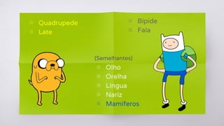(Semelhantes)
▧ Olho
▧ Orelha
▧ Língua
▧ Nariz
▧ Mamíferos
▧ Quadrupede
▧ Late
▧ Bípide
▧ Fala
 
