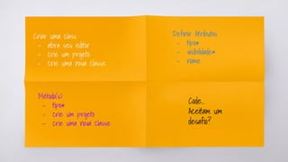 Criar uma class
- abra seu editor
- crie um projeto
- crie uma nova classe
Definir Atributos
- tipo*
- visibilidade*
- nome
Método(s)
- tipo*
- crie um projeto
- crie uma nova classe
Code…
Aceitam um
desafio?
 