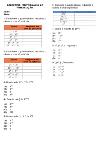 EXERCÍCIOS: PROPRIEDADES DA
POTENCIAÇÃO.
Nome:
Série:
1- Completem o quadro abaixo, reduzindo o
cálculo a uma só potência.
2- Completem o quadro abaixo, reduzindo o
cálculo a uma só potência.
3- Quanto vale 320
+ 320
+ 320
?
(A) 960
(B) 320
(C) 9
(D) 321
4 - Quanto vale
1
3
de 3300
?
(A) 3100
(B) 350
(C) 1
(D) 299
5- Quanto vale (36
∙ 3−2
) ÷ 34
?
(A) 3−3
(B) 3−8
(C) 1
(D) 0
6- Complete o quadro abaixo, reduzindo o
cálculo a uma só potência.
7- Qual é a metade de 1620
?
(A) 810
(B) 1619
(C) 240
(D) 279
8- 𝑎5
. (44
)2
. 𝑎 equivale a:
(A) 𝑎14
.
(B) 𝑎13
.
(C) 𝑎12
(D) 𝑎11
9- ( (𝑥2
. 𝑦4
)2
equivale a:
(A) 𝑥6
. 𝑦4
(B) 𝑥2
. 𝑦8
(C) 𝑥4
. 𝑦8
(D) (𝑥𝑦)2
 