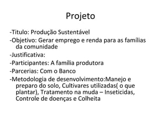 Projeto
-Titulo: Produção Sustentável
-Objetivo: Gerar emprego e renda para as famílias
   da comunidade
-Justificativa:
-Participantes: A família produtora
-Parcerias: Com o Banco
-Metodologia de desenvolvimento:Manejo e
   preparo do solo, Cultivares utilizadas( o que
   plantar), Tratamento na muda – Inseticidas,
   Controle de doenças e Colheita
 