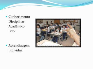  Conhecimento
 Disciplinar
 Acadêmico
 Fixo



 Aprendizagem
 Individual
 