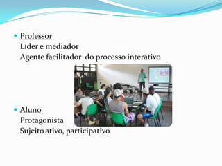  Professor
 Líder e mediador
 Agente facilitador do processo interativo




 Aluno
 Protagonista
 Sujeito ativo, participativo
 