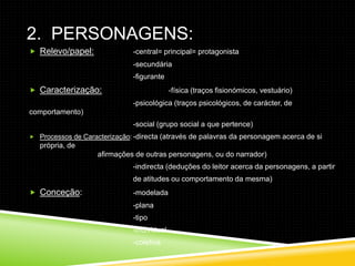 2. PERSONAGENS:
 Relevo/papel:                -central= principal= protagonista
                               -secundária
                               -figurante
 Caracterização:                            -física (traços fisionómicos, vestuário)
                               -psicológica (traços psicológicos, de carácter, de
comportamento)
                               -social (grupo social a que pertence)
 Processos de Caracterização: -directa   (através de palavras da personagem acerca de si
   própria, de
                    afirmações de outras personagens, ou do narrador)
                               -indirecta (deduções do leitor acerca da personagens, a partir
                               de atitudes ou comportamento da mesma)
 Conceção:                    -modelada
                               -plana
                               -tipo
                               -individual
                               -coletiva
 
