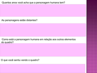 Quantos    anos você acha que a personagem humana tem?
A personagem deve ter um 30 anos...




As   personagens estão distantes?
Não .Está abraçada com um gato....




Como está a personagem humana em relação aos outros elementos
do quadro?
Deitada ,descansando e fazendo pose...




O que você sentiu vendo o quadro?

Senti uma sensação de riso...
 