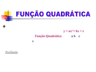 DEFINIÇÃO FUNÇÃO QUADRÁTICA Seja f : IR – IR  uma função definida por  y = ax 2  + bx + c  Dizemos que f é uma  Função Quadrática  , onde  a , b  e  c  são  constantes reais e “ x ” é a variável em questão.  O gráfico descrito por uma função quadrática é uma  Parábola 