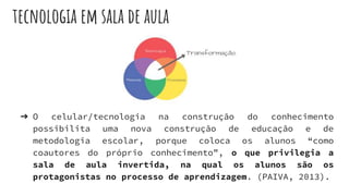 tecnologia em sala de aula
➔ O celular/tecnologia na construção do conhecimento
possibilita uma nova construção de educação e de
metodologia escolar, porque coloca os alunos “como
coautores do próprio conhecimento”, o que privilegia a
sala de aula invertida, na qual os alunos são os
protagonistas no processo de aprendizagem. (PAIVA, 2013).
 