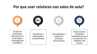 Os alunos
participam
ativamente na
construção e
realização das
atividades.
Transforma a
informação e
conhecimento.
Trás agilidade e
rapidez no
processo
comunicativo.
Pode envolver
atividades
desafiadoras que
se conectem ao
cotidiano dos
alunos.
Por que usar celulares nas salas de aula?
 