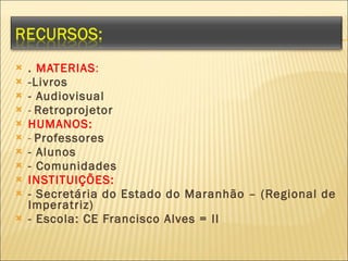 .  MATERIAS :  -Livros - Audiovisual -  Retroprojetor  HUMANOS: -  Professores - Alunos - Comunidades INSTITUIÇÕES: - Secretária do Estado do Maranhão – (Regional de Imperatriz) - Escola: CE Francisco Alves = II 