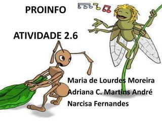 PROINFO

ATIVIDADE 2.6



            Maria de Lourdes Moreira
            Adriana C. Martins André
            Narcisa Fernandes
 