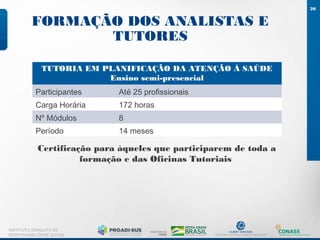 FORMAÇÃO DOS ANALISTAS E
TUTORES
26
INSTITUTO ISRAELITA DE
RESPONSABILIDADE SOCIAL
TUTORIA EM PLANIFICAÇÃO DA ATENÇÃO À SAÚDE
Ensino semi-presencial
Participantes Até 25 profissionais
Carga Horária 172 horas
Nº Módulos 8
Período 14 meses
Certificação para àqueles que participarem de toda a
formação e das Oficinas Tutoriais
 