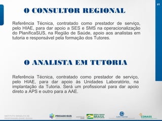 O CONSULTOR REGIONAL
27
INSTITUTO ISRAELITA DE
RESPONSABILIDADE SOCIAL
Referência Técnica, contratado como prestador de serviço,
pelo HIAE, para dar apoio a SES e SMS na operacionalização
do PlanificaSUS, na Região de Saúde, apoio aos analistas em
tutoria e responsável pela formação dos Tutores.
O ANALISTA EM TUTORIA
Referência Técnica, contratado como prestador de serviço,
pelo HIAE, para dar apoio às Unidades Laboratório, na
implantação da Tutoria. Será um profissional para dar apoio
direto a APS e outro para a AAE.
 