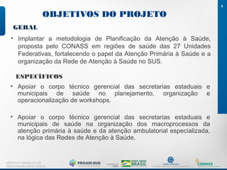 OBJETIVOS DO PROJETO
GERAL
• Implantar a metodologia de Planificação da Atenção à Saúde,
proposta pelo CONASS em regiões de saúde das 27 Unidades
Federativas, fortalecendo o papel da Atenção Primária à Saúde e a
organização da Rede de Atenção à Saúde no SUS.
3
INSTITUTO ISRAELITA DE
RESPONSABILIDADE SOCIAL
ESPECÍFICOS
• Apoiar o corpo técnico gerencial das secretarias estaduais e
municipais de saúde no planejamento, organização e
operacionalização de workshops.
• Apoiar o corpo técnico gerencial das secretarias estaduais e
municipais de saúde na organização dos macroprocessos da
atenção primária à saúde e da atenção ambulatorial especializada,
na lógica das Redes de Atenção à Saúde.
 