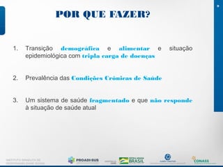 POR QUE FAZER?
9
INSTITUTO ISRAELITA DE
RESPONSABILIDADE SOCIAL
1. Transição demográfica e alimentar e situação
epidemiológica com tripla carga de doenças
2. Prevalência das Condições Crônicas de Saúde
3. Um sistema de saúde fragmentado e que não responde
à situação de saúde atual
 