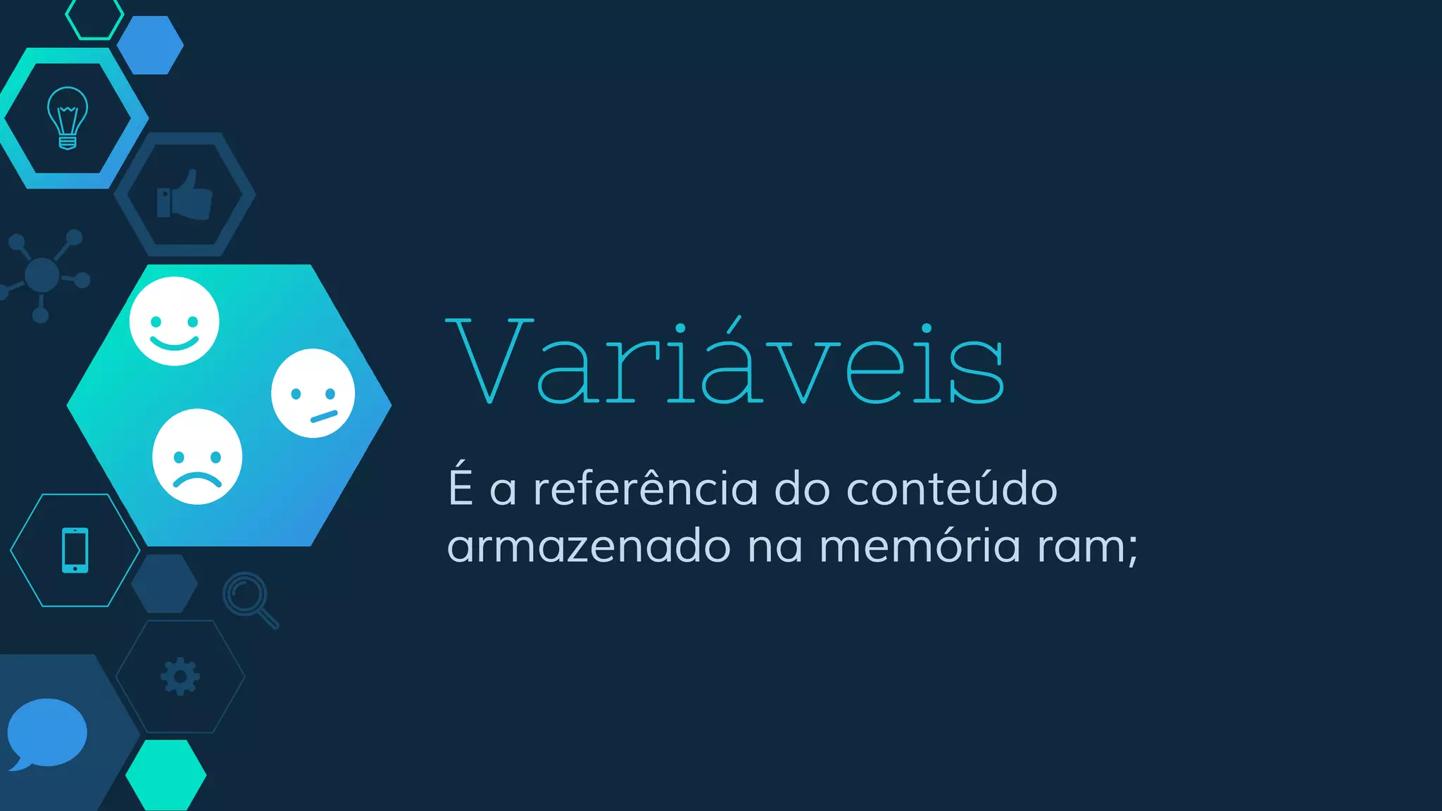 Variáveis
É a referência do conteúdo
armazenado na memória ram;
 