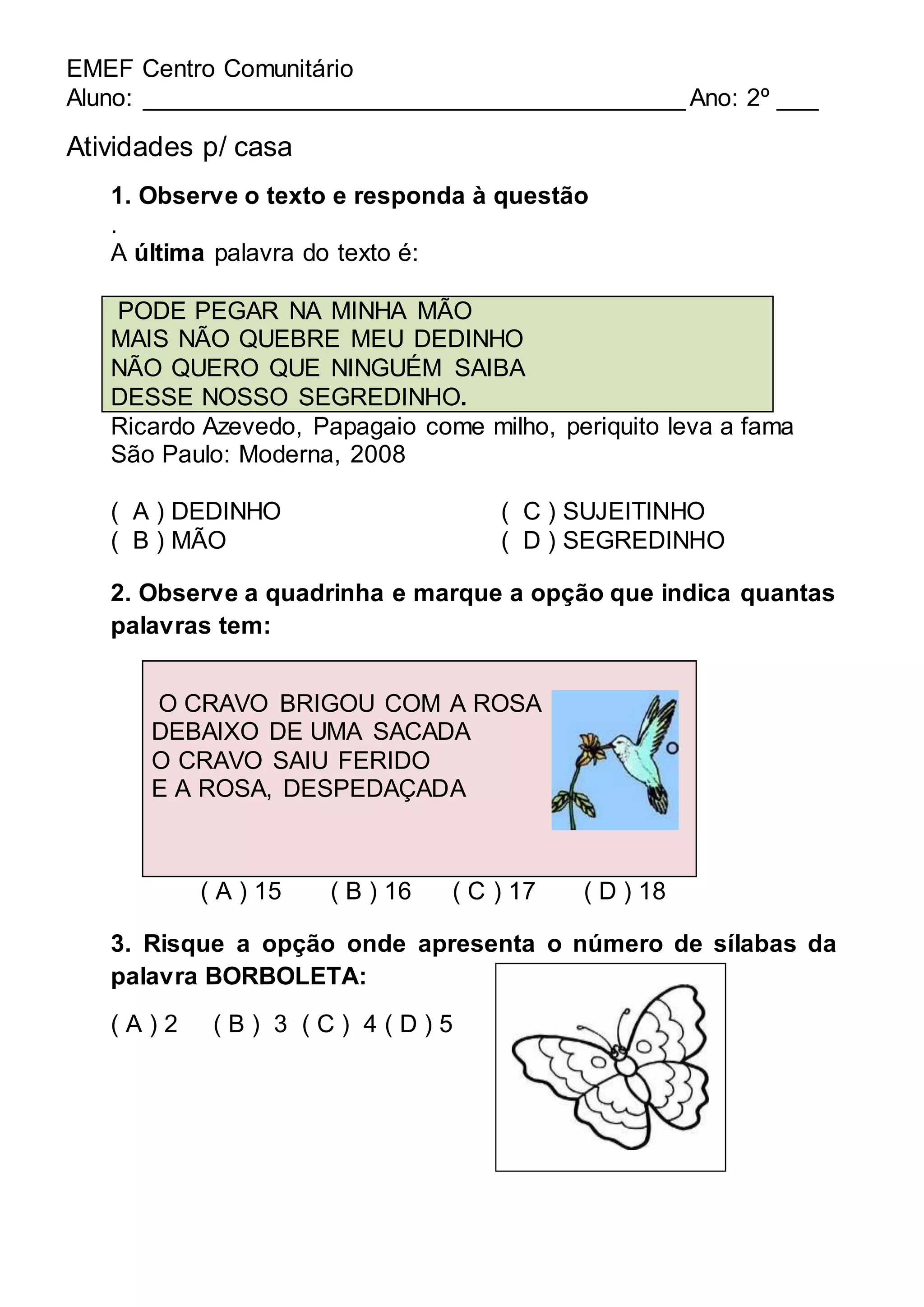 Atividade Sondagem 2º ano português | DOCX