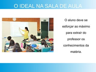 O IDEAL NA SALA DE AULA
O aluno deve se
esforçar ao máximo
para extrair do
professor os
conhecimentos da
matéria.
 