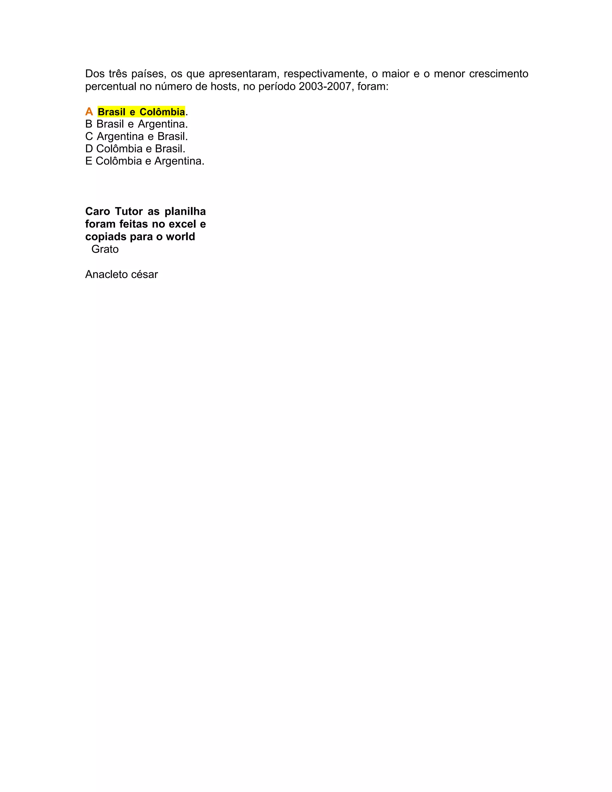 Dos três países, os que apresentaram, respectivamente, o maior e o menor crescimento
percentual no número de hosts, no período 2003-2007, foram:
A Brasil e Colômbia.
B Brasil e Argentina.
C Argentina e Brasil.
D Colômbia e Brasil.
E Colômbia e Argentina.
Caro Tutor as planilha
foram feitas no excel e
copiads para o world
Grato
Anacleto césar
 