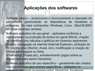 Aplicações dos softwaresSoftware básico – proporciona o funcionamento e operação do computador gerenciando os dispositivos de hardware e softwares. Os mais conhecidos: Windows, Linux , MacOS,BSD em suas diversas versões;Software aplicativo de uso geral  - aplicados conforme a necessidade: na produção de textos em geral (Word), criação de planilhas com cálculos e gráficos em diversos segmentos (Excel), navegação na internet (Internet Explorer), proteção do PC contra vírus (Norton, Avast, etc), modificação e criação de efeitos em imagens ou fotos (Photoshop, Picasa,etc), entretenimento (jogos online ou disponíveis para serem baixados). Software aplicativo de uso específico – geralmente são criados sob encomenda para setores específicos,  utilizados no comercio em geral (supermercados, farmácias, locadoras diversas, empresas no ramo da logística (para separação, armazenagem, conferencia e recebimento das mercadorias nos centros de distribuição, geração de notas, etc);