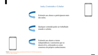 Aula, Conteúdo e Celular
Estimulo aos alunos a participarem mais
das aulas;
Qualquer conteúdo pode ser trabalhado
usando o celular;
Estímulo aos alunos a terem
independência e autonomia que se
desenvolve, colocando-os como
coautores do próprio conhecimento.
Fonte: https://cdn.pixabay.com/photo/2016/01/27/18/59/smartphone-
1165131_960_720.png
 