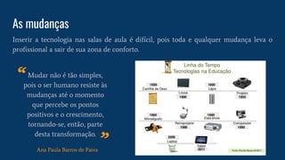 As mudanças
Inserir a tecnologia nas salas de aula é difícil, pois toda e qualquer mudança leva o
profissional a sair de sua zona de conforto.
Mudar não é tão simples,
pois o ser humano resiste às
mudanças até o momento
que percebe os pontos
positivos e o crescimento,
tornando-se, então, parte
desta transformação.
Ana Paula Barros de Paiva
 
