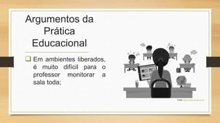 Argumentos da
Prática
Educacional
 Em ambientes liberados,
é muito difícil para o
professor monitorar a
sala toda;
Fonte: https://www.pngwing.com/
 