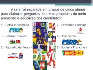 A sala foi separada em grupos de cinco alunos
para elaborar perguntas sobre as propostas do meio
ambiente e educação dos candidatos:
1 – Celso Russomano – 2 – Fernando Haddad –
3 – Gabriel Chalita - 4 – José Serra –
5 – Paulinho da Força – 6 – Soninha Francine -
 