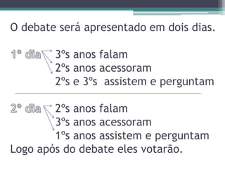 O debate será apresentado em dois dias.
3ºs anos falam
2ºs anos acessoram
2ºs e 3ºs assistem e perguntam
2ºs anos falam
3ºs anos acessoram
1ºs anos assistem e perguntam
Logo após do debate eles votarão.
 