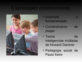 A abordagem construcionista
              
                  Inspirada            e
                  fundamentada
              
                  Construtivismo      de
                  piaget
              
                  Teoria               de
                  inteligencias múltiplas
                  de Howard Gardner
              
                  Pedagogia social de
                  Paulo freire
 