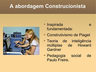 A abordagem Construcionista


            
                Inspirada              e
                fundamentada:
            
                Construtivismo de Piaget
            
                Teoria de inteligência
                múltiplas de Howard
                Gardner
            
                Pedagogia social      de
                Paulo Freire.
 