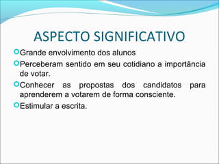 ASPECTO SIGNIFICATIVO 
Grande envolvimento dos alunos 
Perceberam sentido em seu cotidiano a importância 
de votar. 
Conhecer as propostas dos candidatos para 
aprenderem a votarem de forma consciente. 
Estimular a escrita. 
 