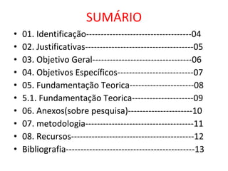 SUMÁRIO 01. Identificação------------------------------------04 02. Justificativas-------------------------------------05 03. Objetivo Geral----------------------------------06 04. Objetivos Específicos--------------------------07 05. Fundamentação Teorica----------------------08 5.1. Fundamentação Teorica---------------------09 06. Anexos(sobre pesquisa)----------------------10 07. metodologia-------------------------------------11 08. Recursos------------------------------------------12 Bibliografia--------------------------------------------13  
