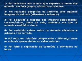 1- Foi solicitado aos alunos que separem o nome dos
animais em dois grupos: silvestres e urbanos.

2- Foi realizado pesquisas da Internet com algumas
imagens de animais (silvestres e urbanos).

3- Foi discutido a respeito das imagens selecionadas:
características, modo de vida, ambiente em que os
animais escolhidos vivem.

4- Foi assistido vídeos sobre os Animais silvestres e
urbanos e do cerrado.

5- Foi feito um relatório comparando a diferença entre
os animais apresentados no vídeo anterior.

6- Foi feito a explicação do conteúdo e atividades na
lousa.
 