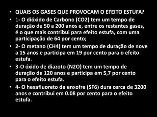 QUAIS OS GASES QUE PROVOCAM O EFEITO ESTUFA?1- O dióxido de Carbono (CO2) tem um tempo de duração de 50 a 200 anos e, entre os restantes gases, é o que mais contribui para efeito estufa, com uma participação de 64 por cento;2- O metano (CH4) tem um tempo de duração de nove a 15 anos e participa em 19 por cento para o efeito estufa.3-O óxido de diazoto (N2O) tem um tempo de duração de 120 anos e participa em 5,7 por cento para o efeito estufa.4- O hexafluoreto de enxofre (SF6) dura cerca de 3200 anos e contribui em 0.08 por cento para o efeito estufa.